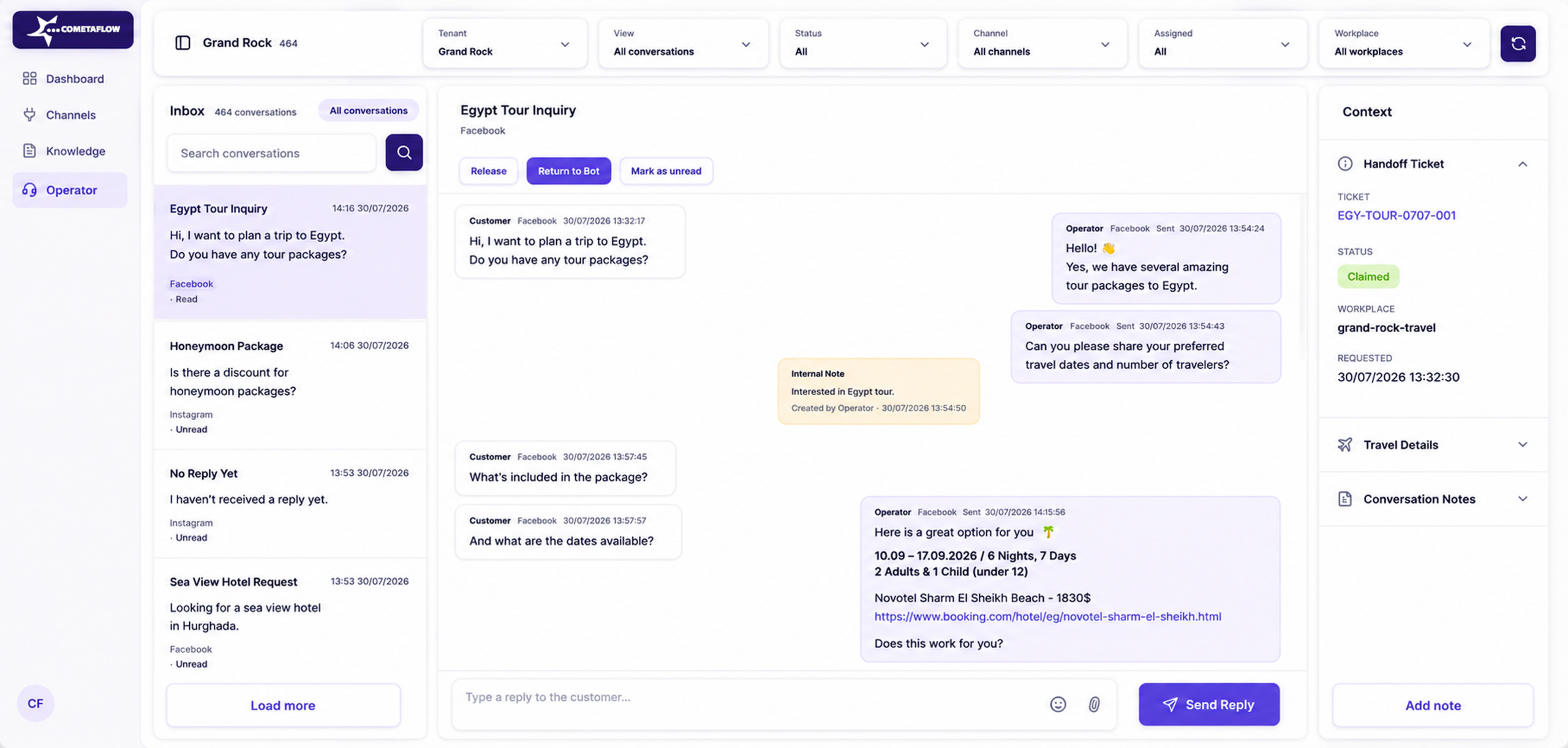 CometaFlow Operator Dashboard showing inbox conversations, the active customer chat, and handoff context